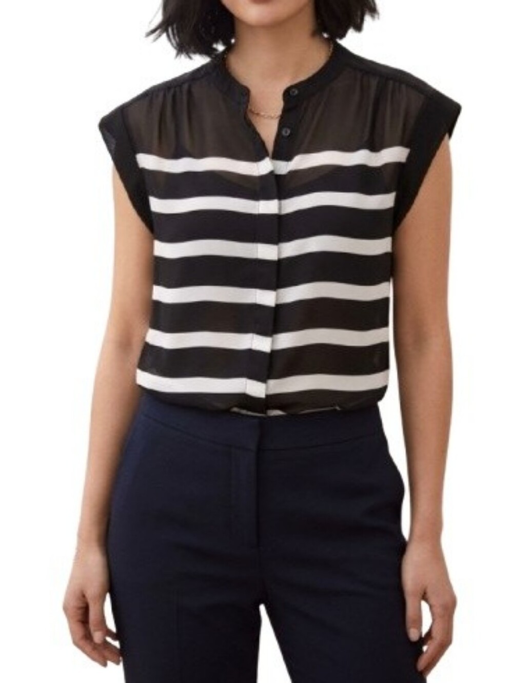 Liz Claiborne Striped Button-Up Blouse Black White Sheer High Neck Short Sleeves